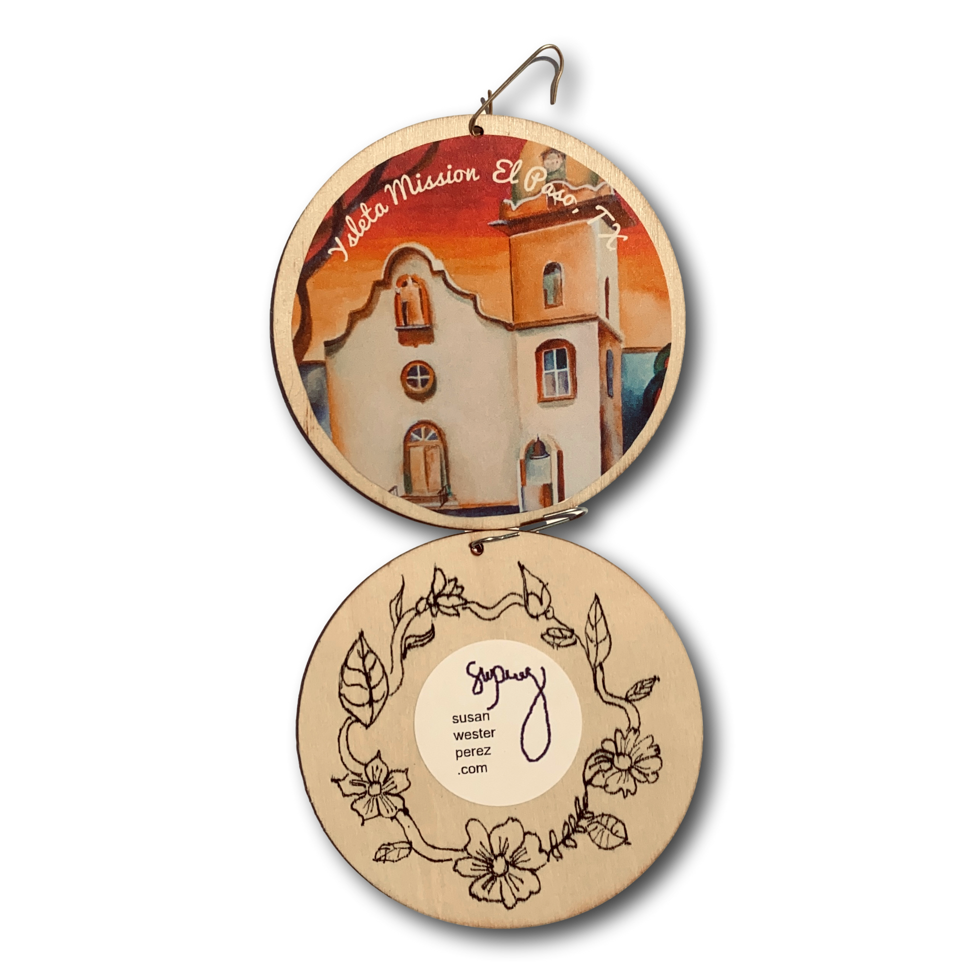 Red Ysleta Mission hand-drawn wood ornament with intricate border design, decorative El Paso souvenir by Susan W Perez.