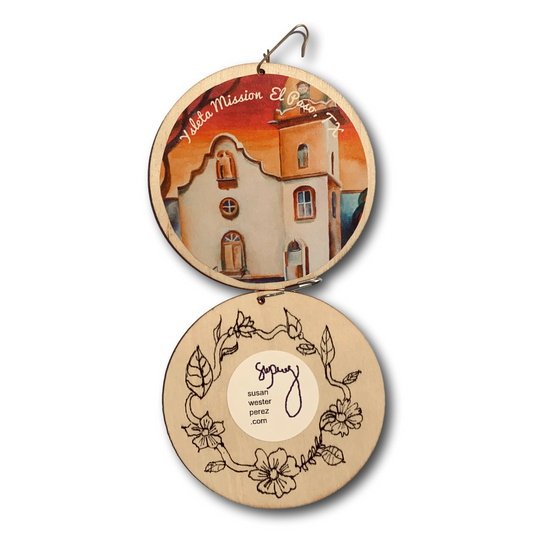 Red Ysleta Mission hand-drawn wood ornament with intricate border design, decorative El Paso souvenir by Susan W Perez.