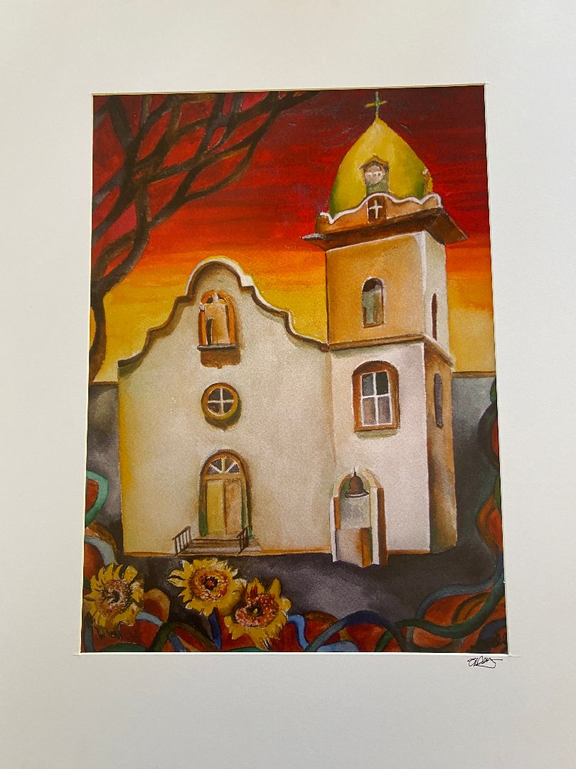 Original Art Print Ysleta Mission Red Texas Skyline Matted Signed 16 X 20