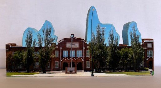 Wooden Ysleta High School model cutout by Miguel Martinez, 7x3.5 inches, part of El Paso souvenirs and Ysleta Mission collectibles.