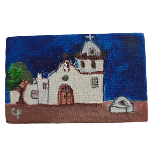 Miniature oil painting of Ysleta Mission in El Paso Texas on easel, 2.75 x 1.75 inches, by Cheryl Peterson, part of El Paso souvenirs.