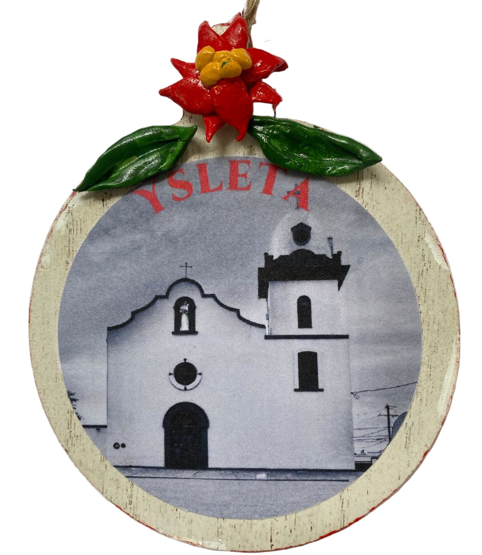 Ysleta Mission Photo Mounted On A Round Frame With Poinsettia Accent - Ysleta Mission Gift Shop