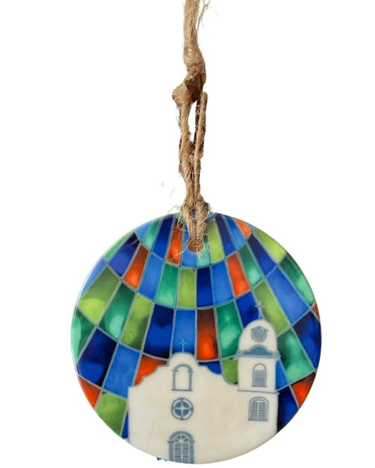 Ysleta Mission Porcelain Ornament 2.75×2.75 – Double-Sided Ornament Featuring Original Painting Art