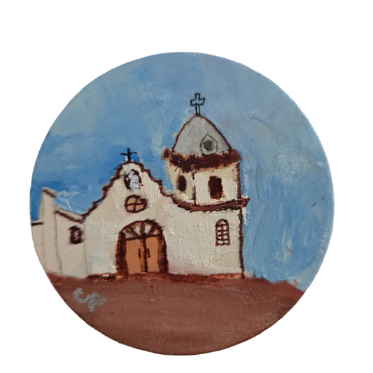 Mini oil painting of Ysleta Mission at night by Cheryl Peterson, El Paso Texas art, 2.75 inches round, vibrant nighttime scene.