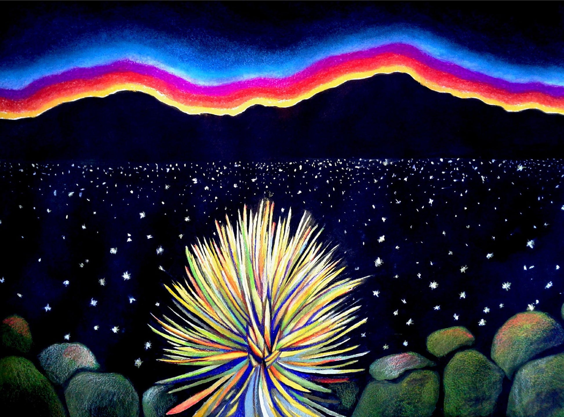 Matted Yucca at Dusk mixed media art print by Susan W Perez, 8x10 El Paso artwork showcasing a desert scene with silhouetted yucca plants.