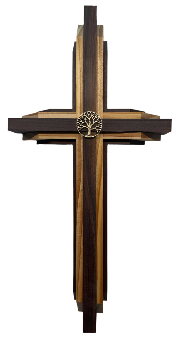 Zebra Wood & Redwood Cross with Silver Center – Handmade Religious Wall Décor – 16" x 8"