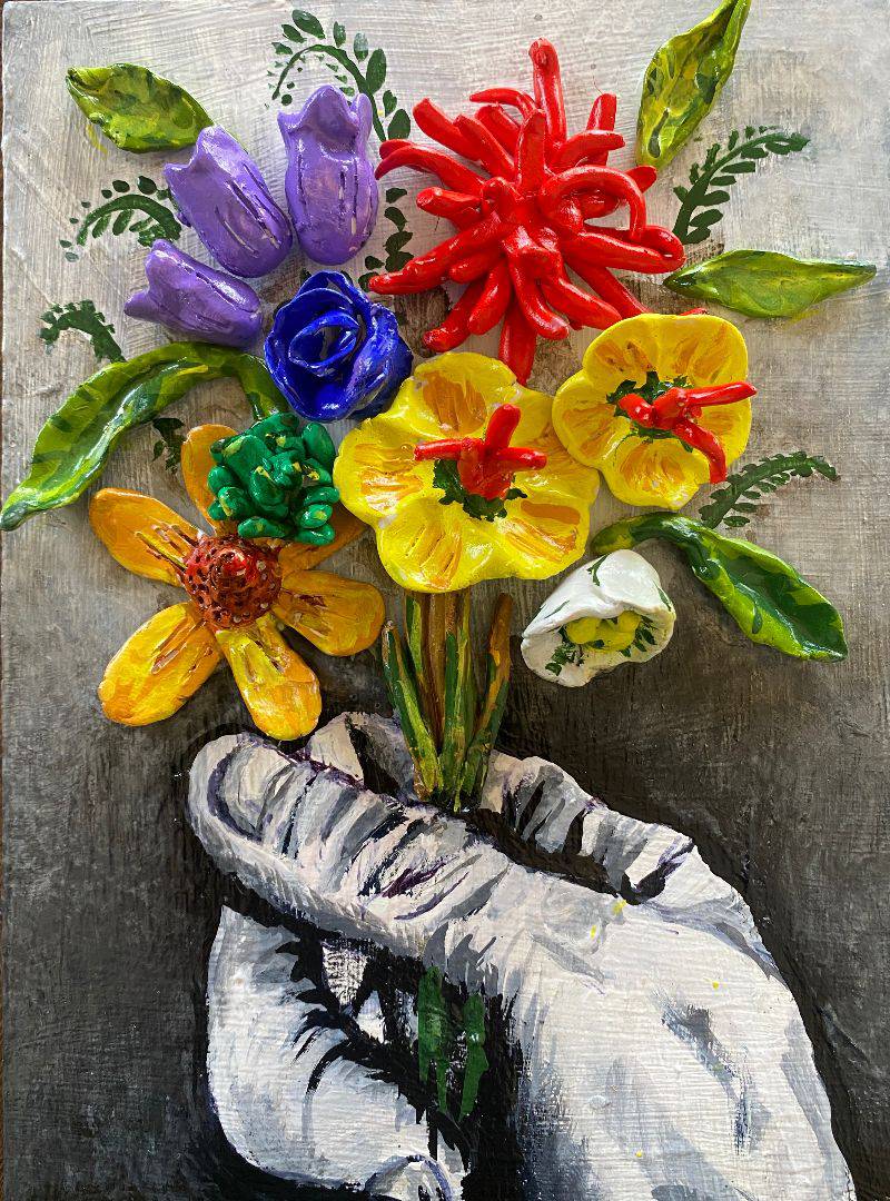 "A Bouquet for You" 8x6 Acrylic Painting with Bah Relief Elements - Elegant and Emotional Artwork