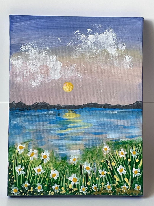 Acrylic Painting - 4x6 Sunflower Lake Mountain Sunset Canvas