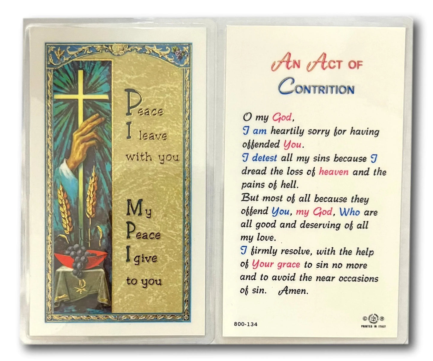 Laminated Act of Contrition Catholic prayer card with forgiveness and reconciliation devotion, featuring religious symbols and text.