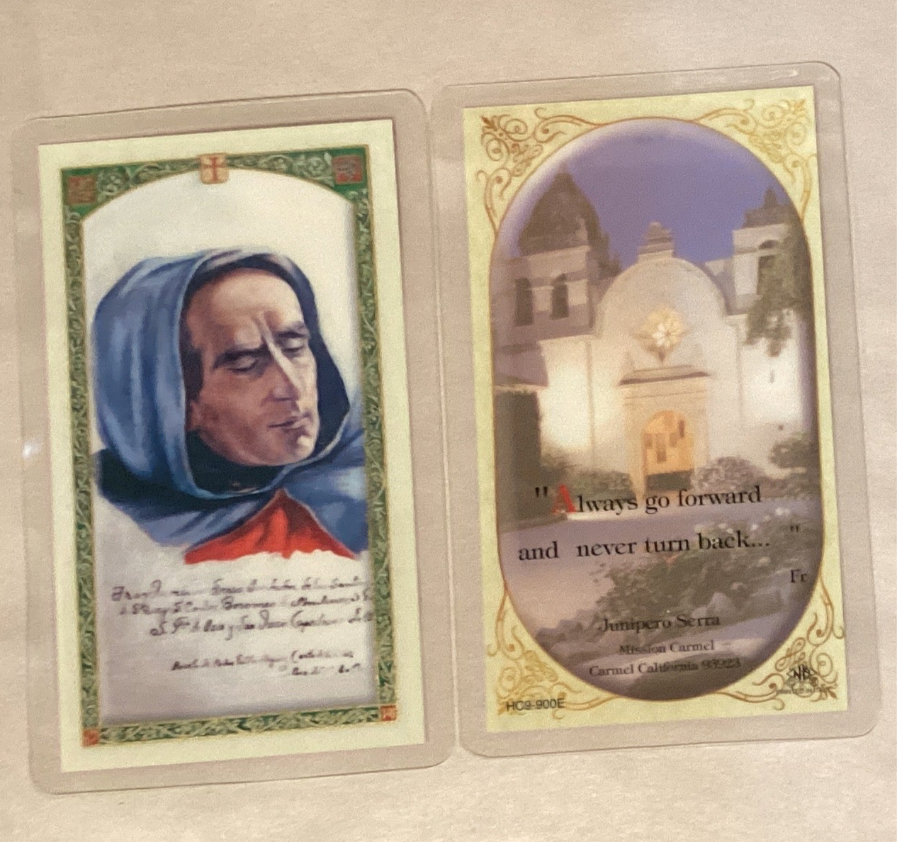 Prayer card titled "Always Go Forward and Never Turn Back" from Ysleta Mission Gift Shop, featuring religious message and design.