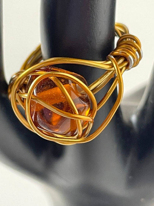 Amber Glass Bead Ring - Antique Gold Wire Wrapped, Size 8