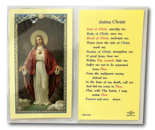 Laminated Anima Christi prayer card featuring traditional Eucharistic meditation, ideal Catholic and Christian gift keepsake.