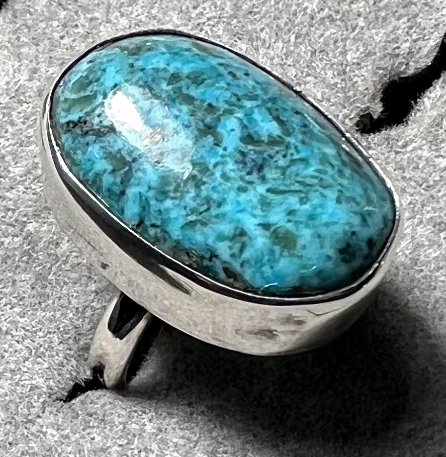 Arizona Turquoise Sterling Silver Ring – Native San Felipe Design – Size 5 – Handcrafted by Ray Duck - Ysleta Mission Gift Shop