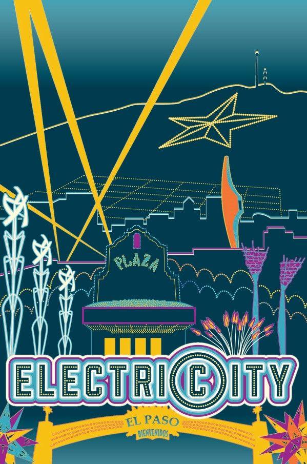 Art print of El Paso Electricity design by Vanessa Clark, 11x12 inches, featuring vibrant El Paso-themed artwork.