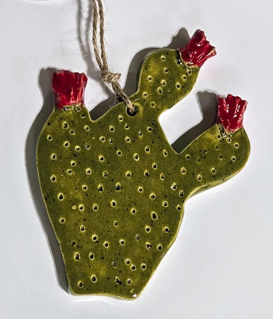 Handcrafted ceramic prickly pear cactus ornament by Vanessa Clark, perfect for Southwest desert home and garden decor.