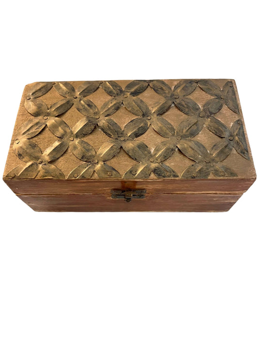 Artisan Wood Jewelry Box with Metal Flower Accent – Flip Top & Latch Closure - Ysleta Mission Gift Shop