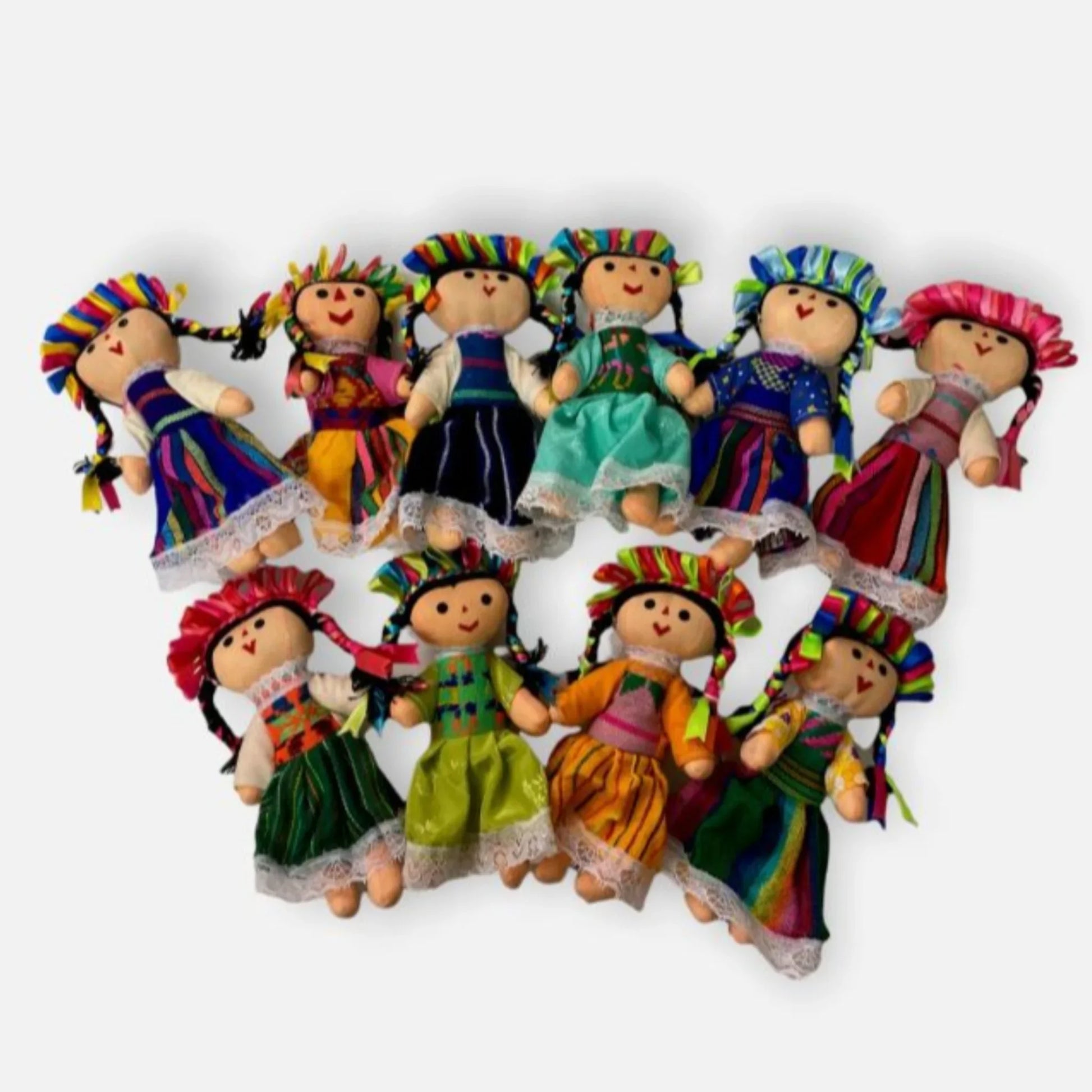 Handcrafted Lele Girl doll by Jose Alberto Chavez, traditional Mexican rag doll with colorful woven clothing and detailed features.