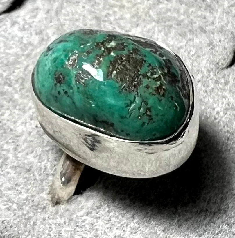 Authentic Nevada Turquoise Ring – San Felipe Silverwork – Size 7 – Handmade by Native Artisan Ray Duck - Ysleta Mission Gift Shop
