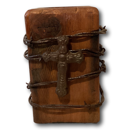 Rustic 6-inch Catholic candle holder with barbed wire design, suitable for 2-inch devotional candles, ideal for faith decor.