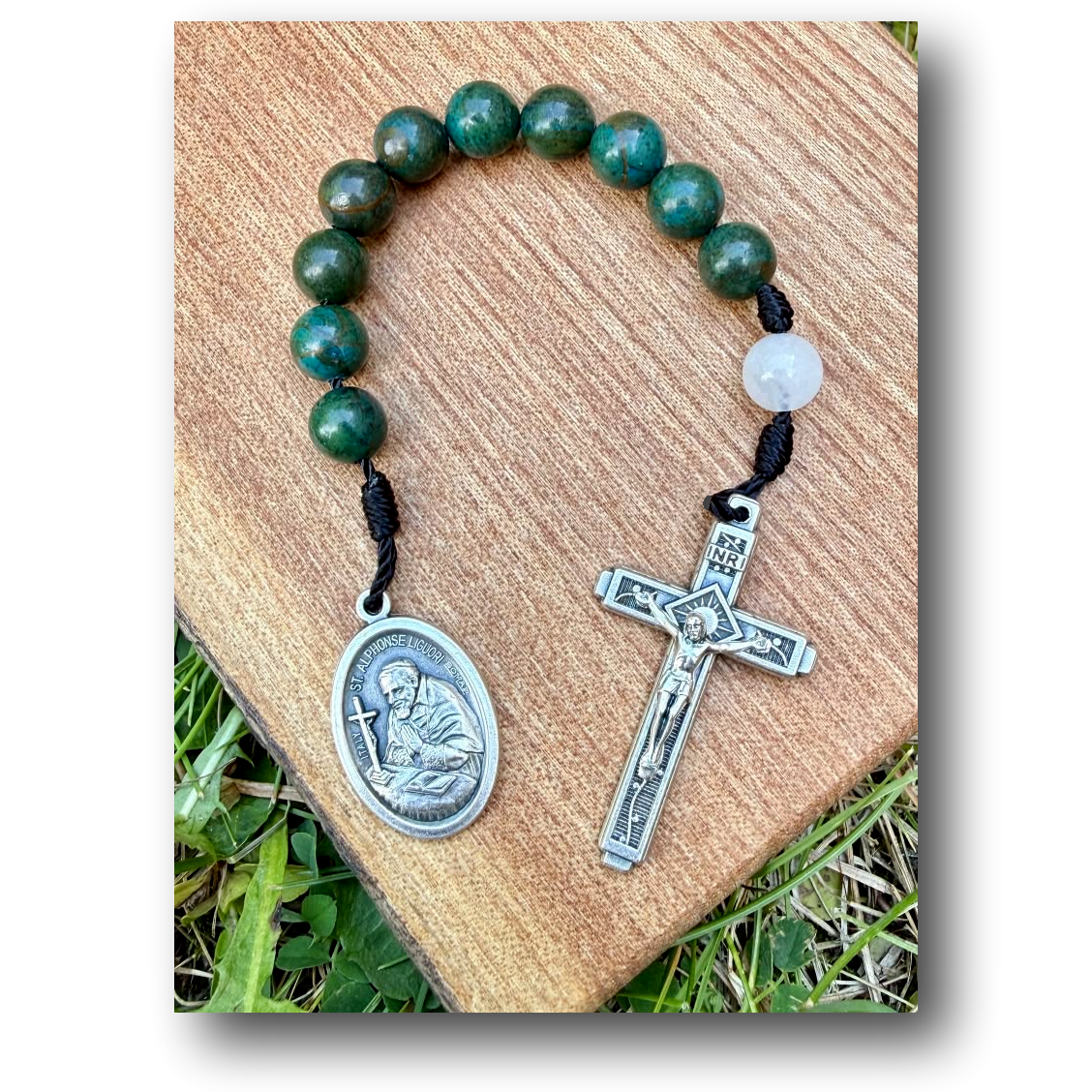 Saint Alphonsus Liguori Jasper and White Jade pocket rosary, Catholic Christian one-decade rosary with beads and crucifix.