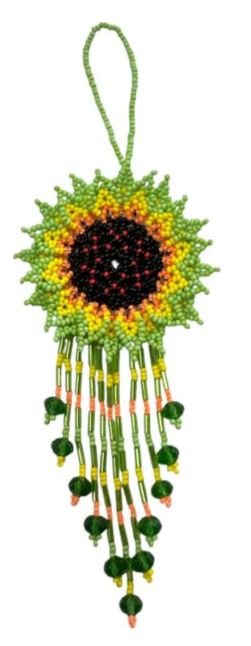 Handmade Mexican seed bead flower purse charm with colorful beaded flower design, 7-inch size, from Ysleta Mission Gift Shop.