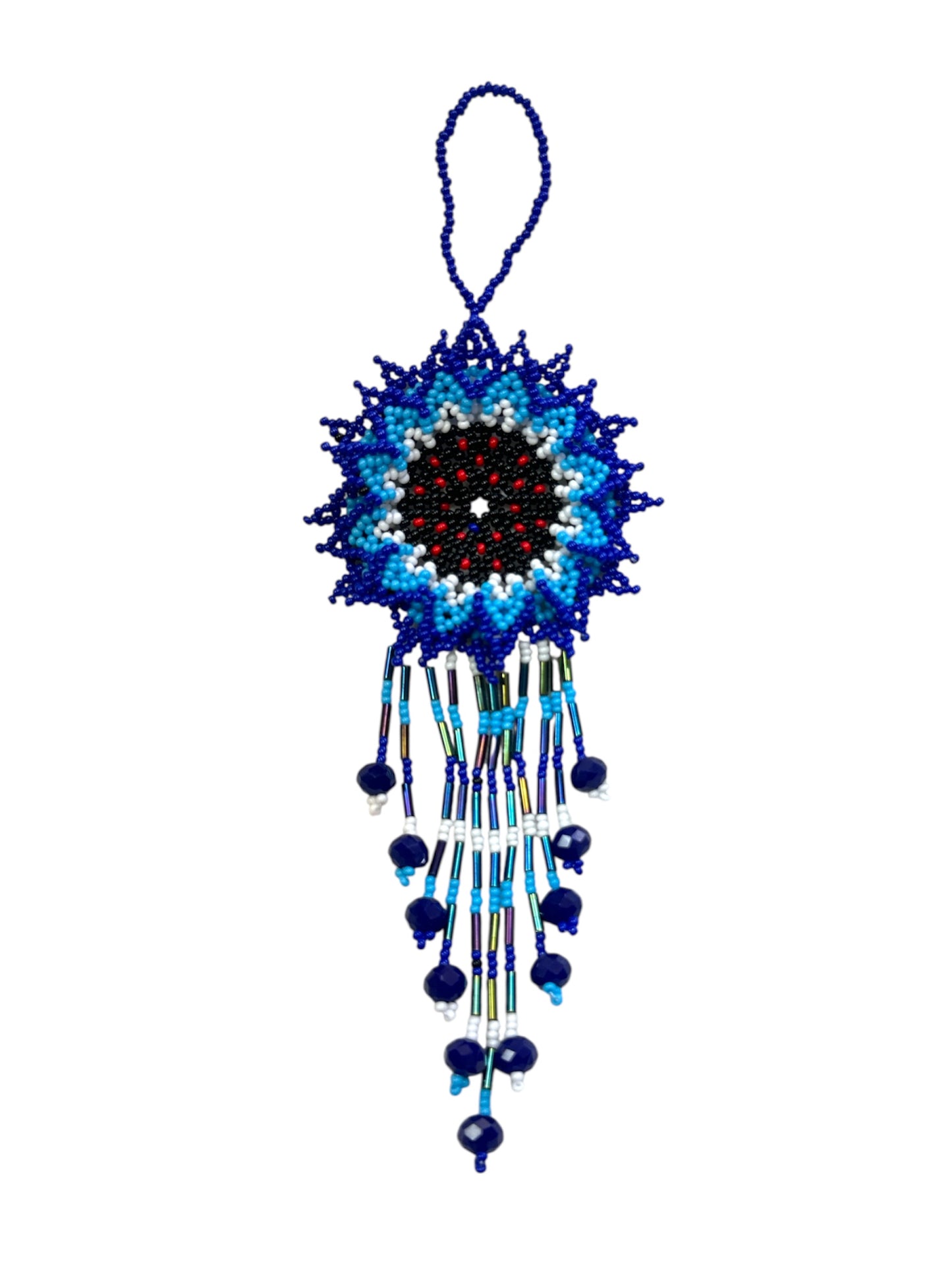 Handmade seed bead flower charm from Mexico, 7-inch beaded floral decor for handbags and wallet accessories.