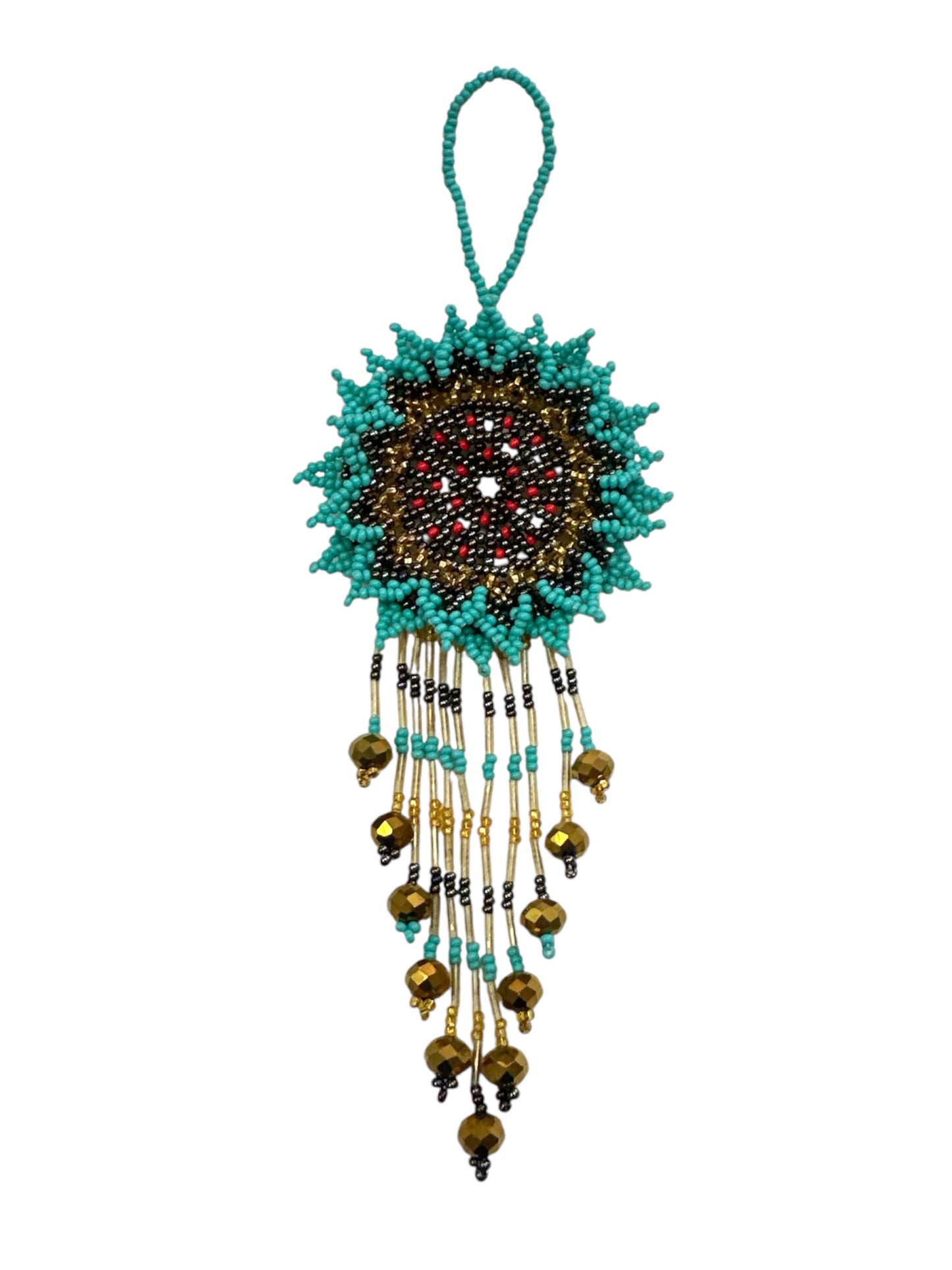 Handmade seed bead flower charm from Mexico, 7-inch beaded flower decor for handbags and wallets, by Ysleta Mission Gift Shop.