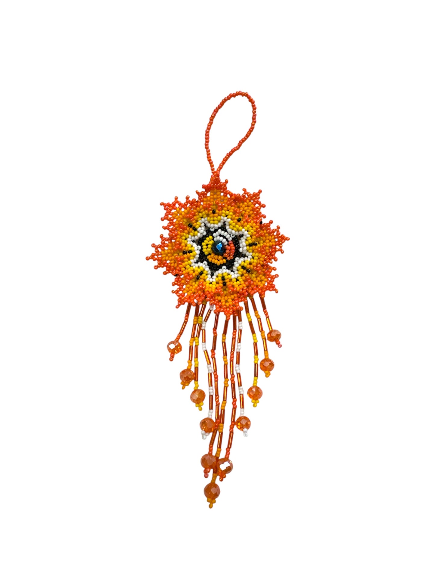 Handmade seed bead flower decor from Mexico, 7-inch purse charm with colorful beaded flower design, by Ysleta Mission Gift Shop.