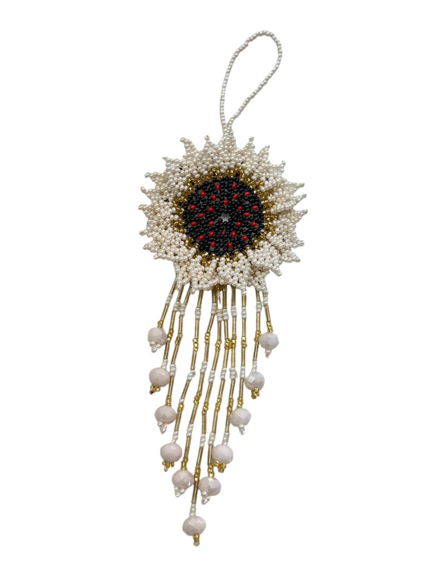 Handmade seed bead flower charm from Mexico, 7-inch beaded flower decor, perfect as a purse or handbag accessory.