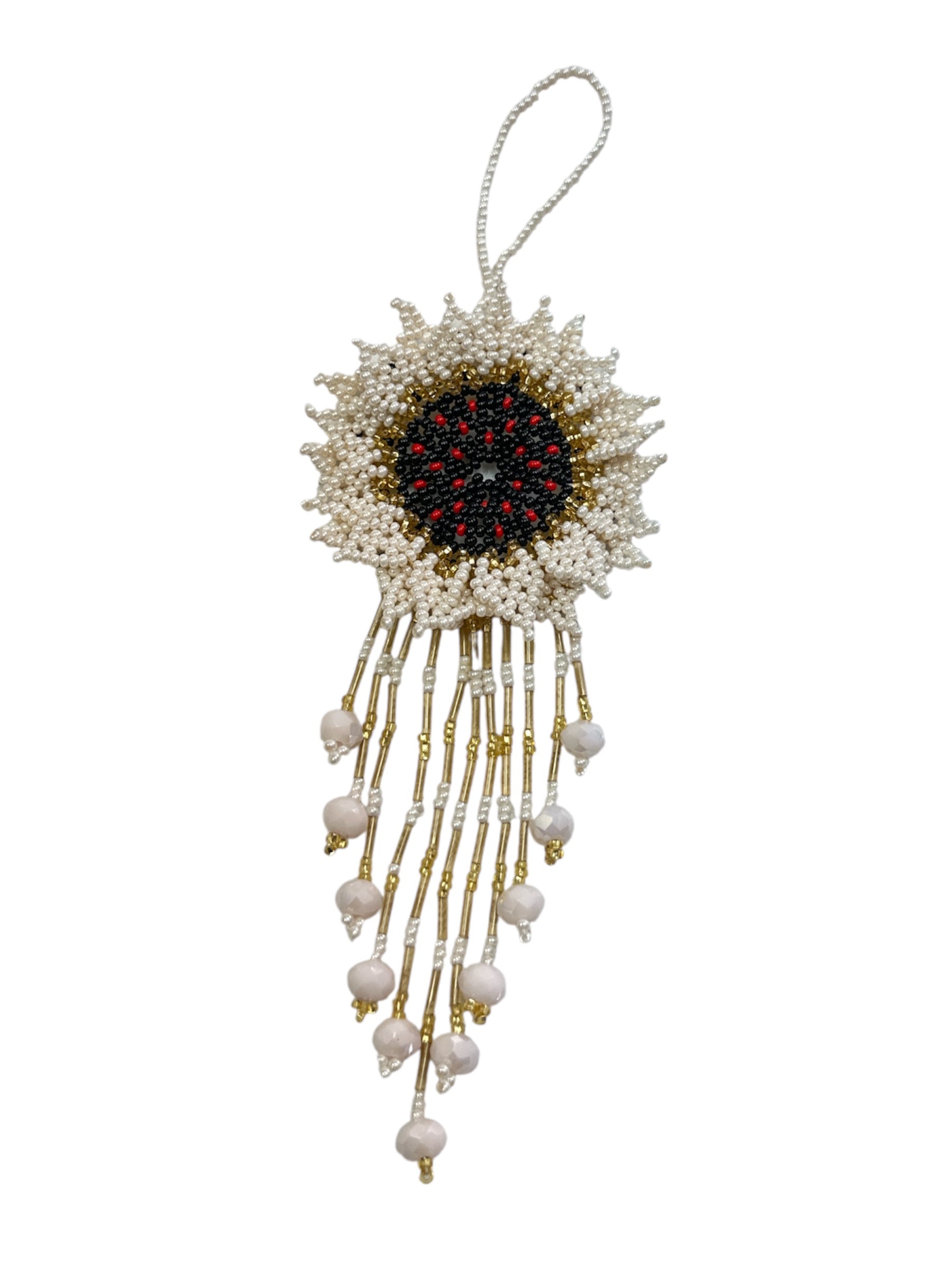 Handmade seed bead flower charm from Mexico, 7-inch beaded flower decor, perfect as a purse or handbag accessory.