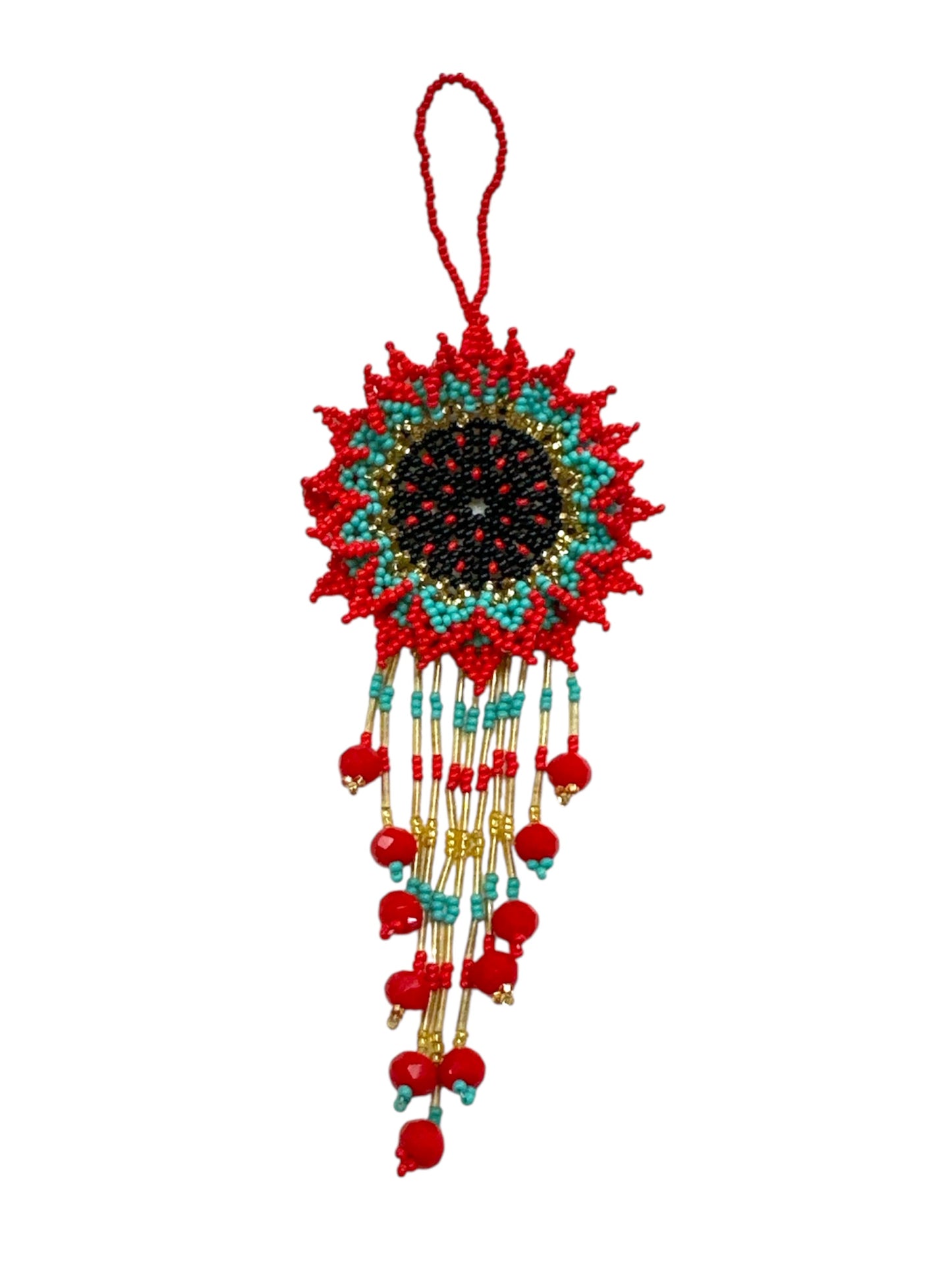 Handmade seed bead flower charm from Mexico, 7-inch beaded floral decor for handbags and accessories.