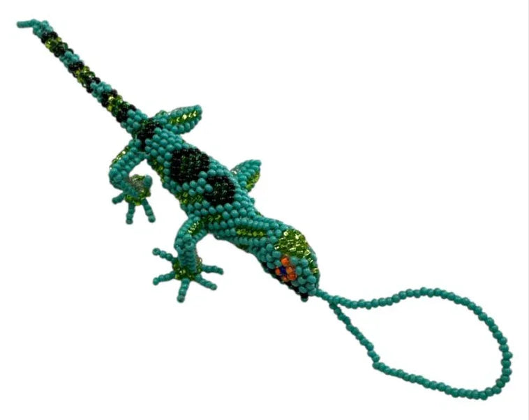 Handcrafted Mexican seed bead lizard charm, 4.5 inches, designed by Jose Alberto Chavez, ideal as a purse or handbag accessory.