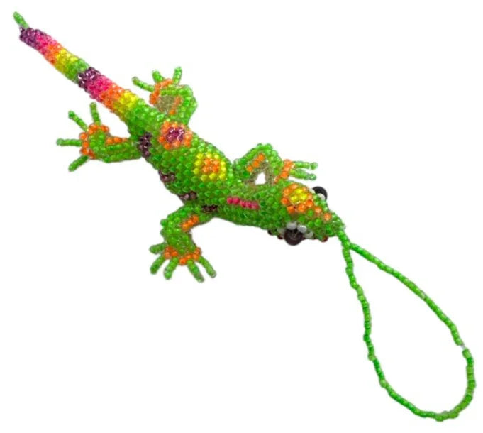 Handcrafted Mexican beaded lizard folk art charm, 4.5-inch Jose Alberto Chavez purse or handbag accessory with colorful seed beads.