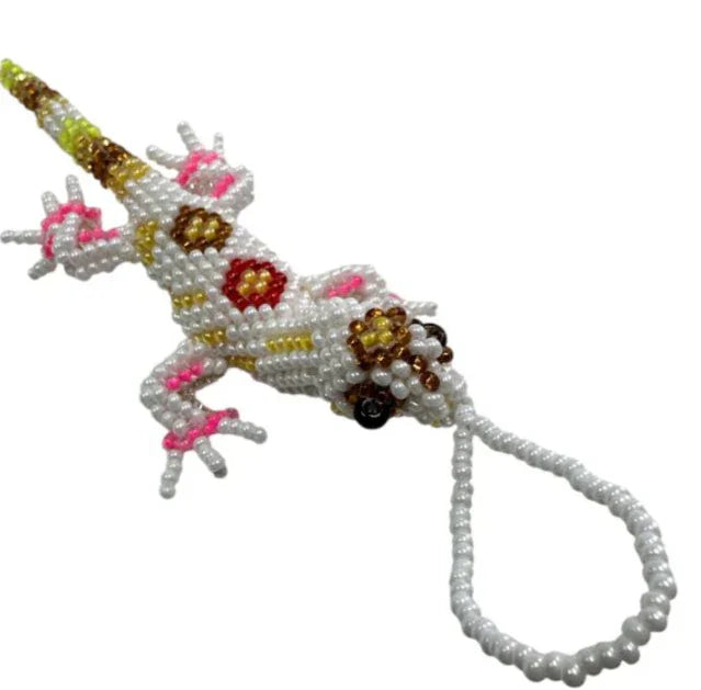 Handcrafted Mexican beaded lizard folk art charm, 4.5 inches, by Jose Alberto Chavez, designed as a purse charm or handbag accessory.