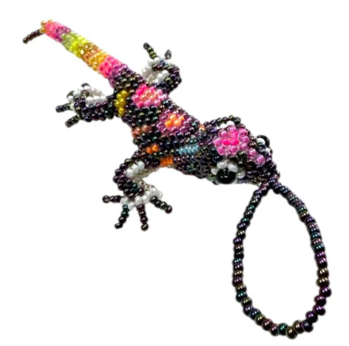 Handcrafted beaded lizard folk art charm by Jose Alberto Chavez, Mexican seed bead design, 4.5 inches, for purse or wallet accessories.