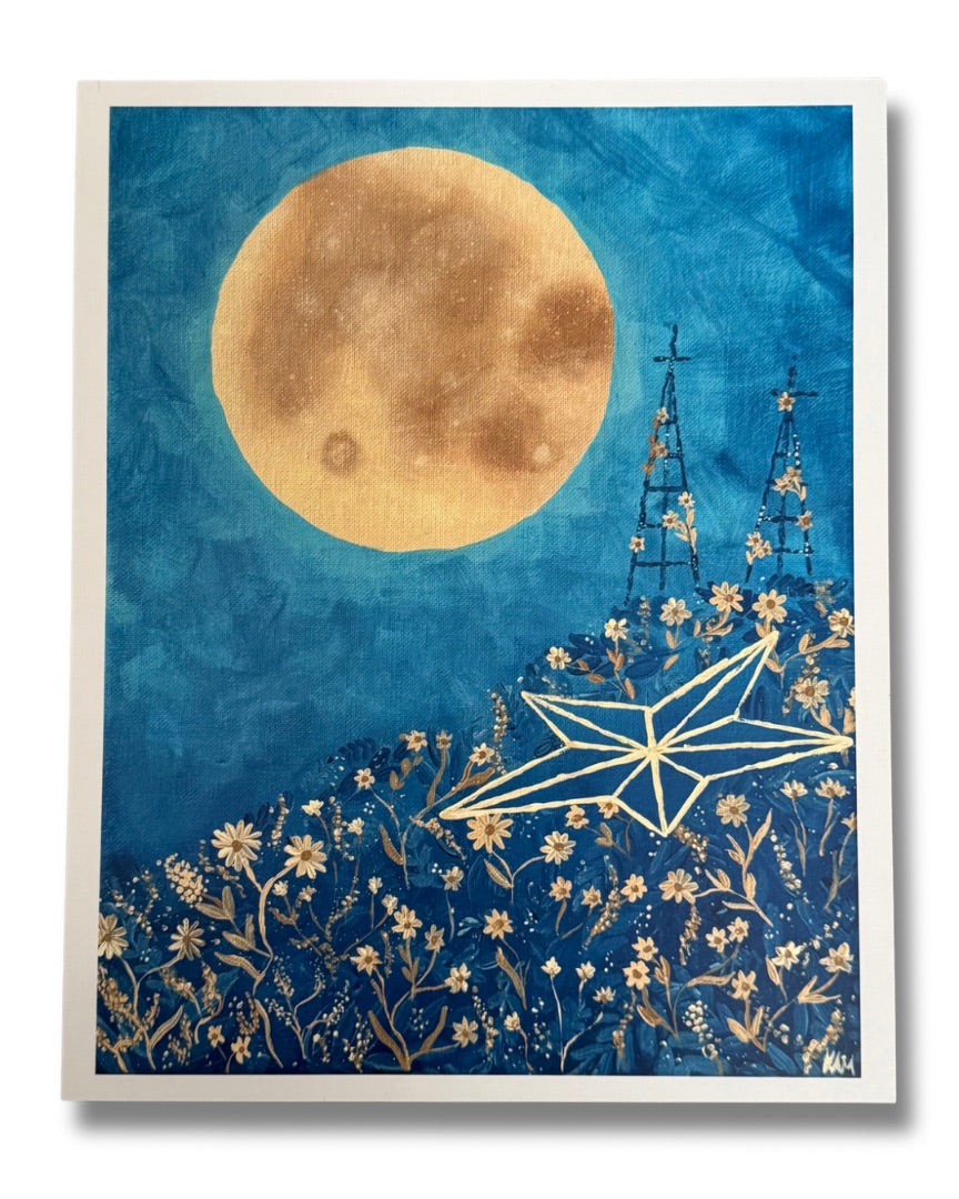 Beneath the Still Moon art print by Krystal Molina featuring a serene moonlit scene, suitable as El Paso souvenirs and wall decor.