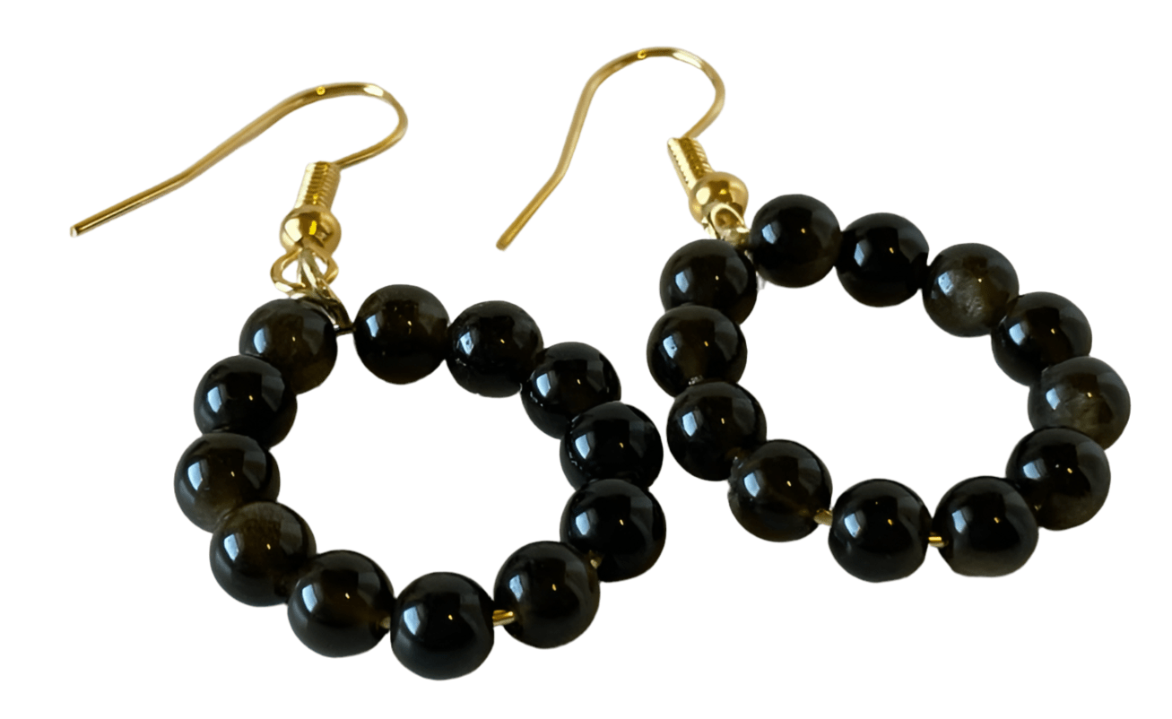 Black Agate Loop Earrings - .75-Inch Diameter with 4mm Beads, 1-Inch Dangle