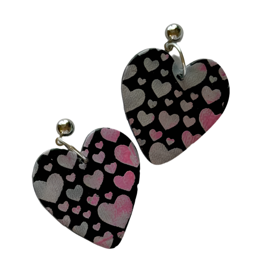 Black heart accent polymer clay earrings by Lorena Williams, petite statement jewelry, 1x1.5 inches, stylish and lightweight accessory