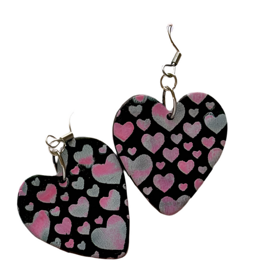 Lorena Williams black heart polymer clay statement earrings, 1.5 inches, featuring bold heart-shaped design for jewelry and accessories.