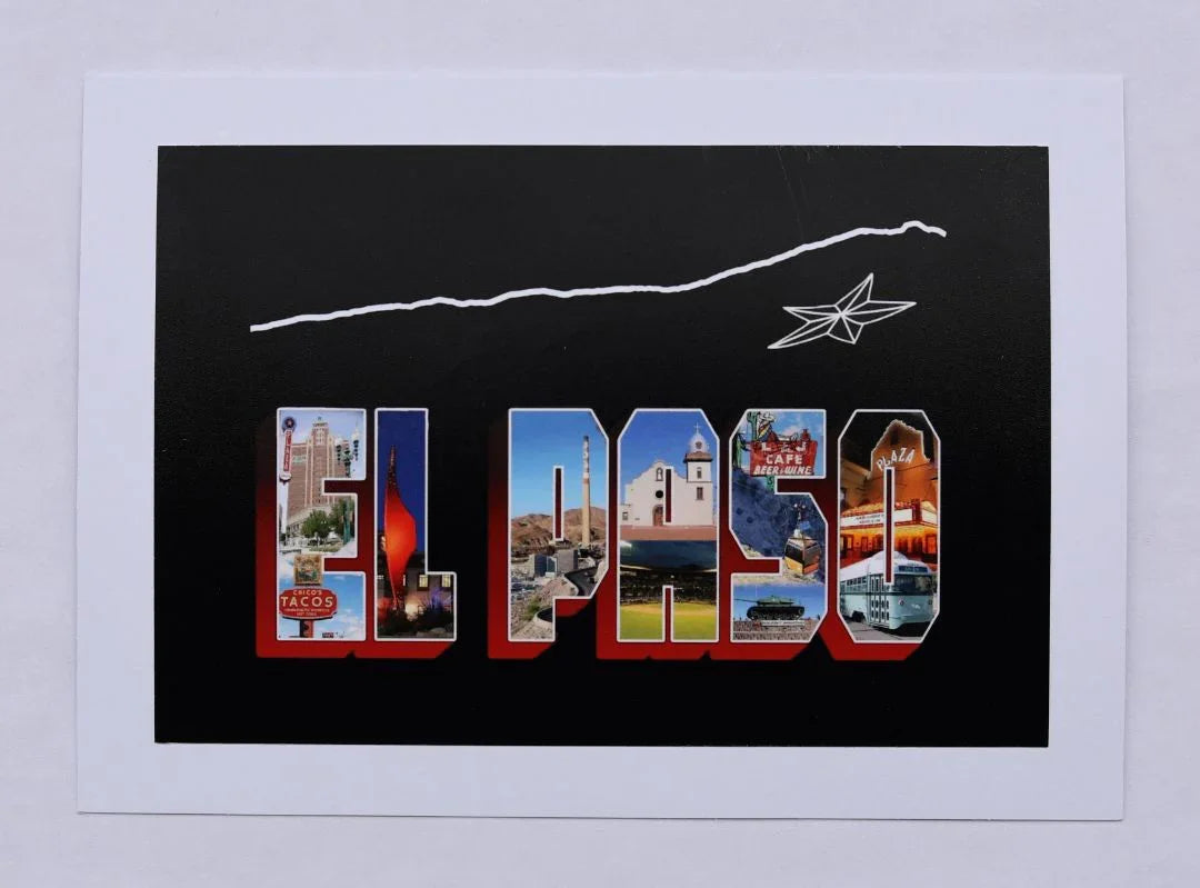 Black 5x7 heavyweight notecard with white interior and envelope, featuring El Paso souvenirs and cultural stationery by Miguel Martinez.
