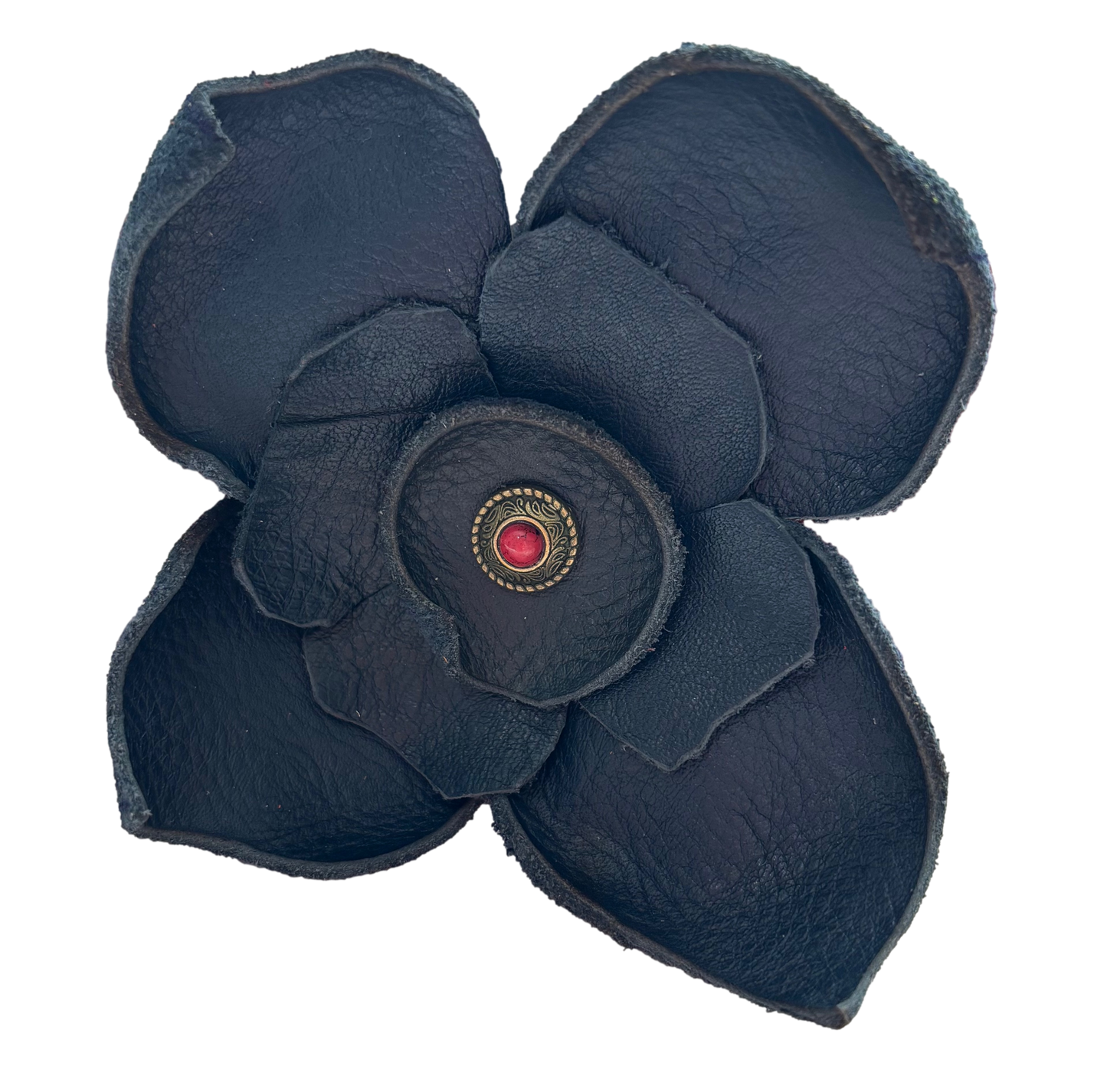 Black and red flower hat clip by Consuelo Barraza, a stylish hair accessory with floral design.