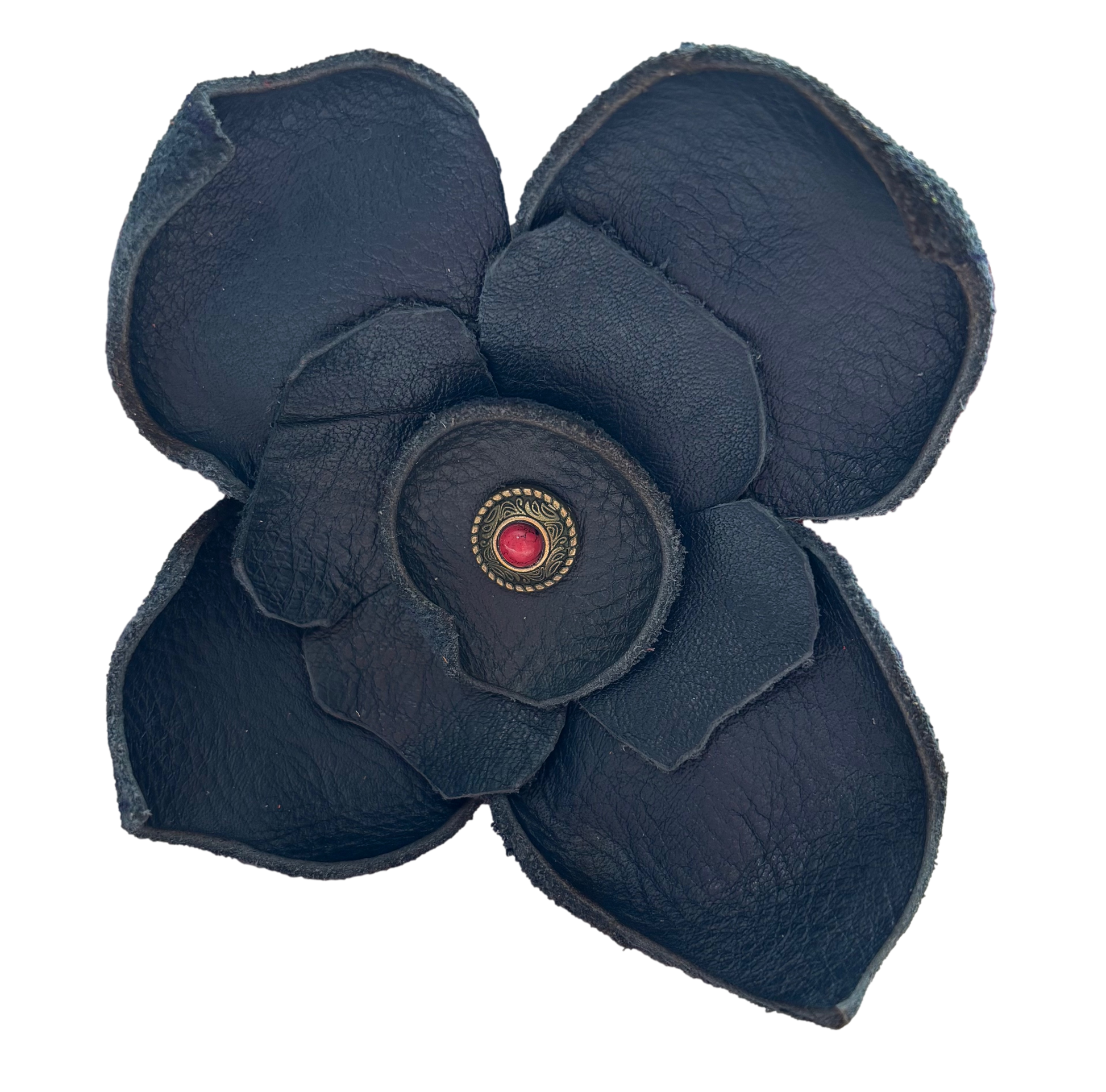 Black and red flower hat clip by Consuelo Barraza, a stylish hair accessory with floral design.