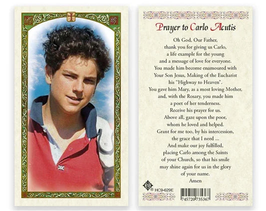 Blessed Carlo Acutis prayer card, Catholic prayer card with inspirational Christian message, featuring religious imagery and text in English.