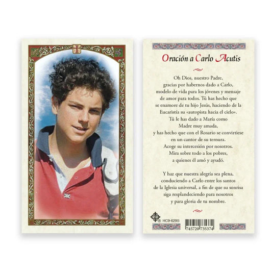 Blessed Carlo Acutis Spanish prayer card from Ysleta Mission Gift Shop, featuring religious imagery and prayer text.