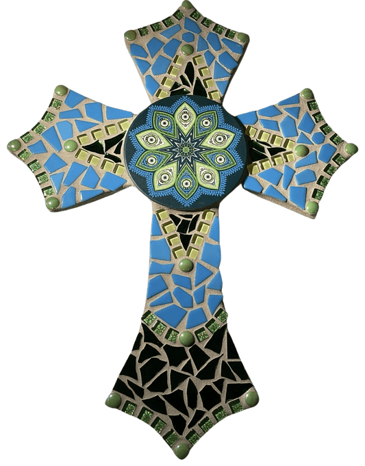 Blue Green Inlaid Glass Mosaic Wood Cross – 16.5x12.5