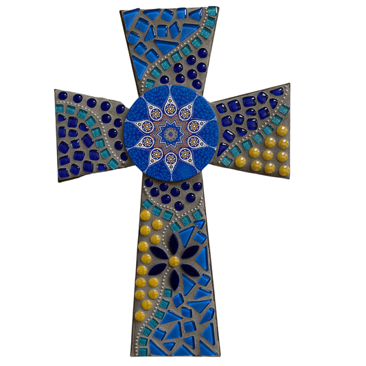 Blue Teal Yellow Mosaic Wood Cross – 15x10