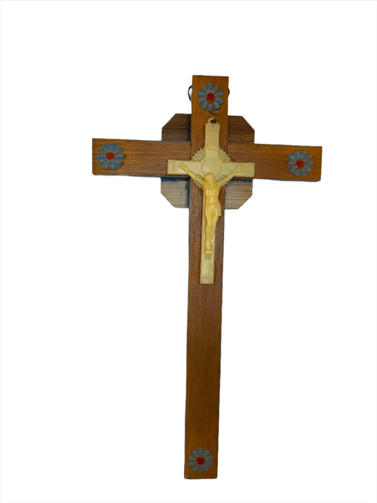 Blue Wood Carved Cross with Resin Crucifix – 15"x8.5" Floral Accent Wall Decor