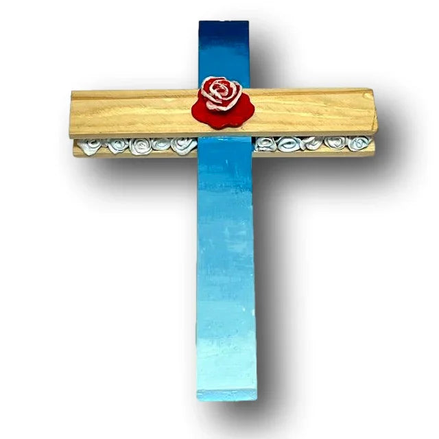 Blue Wooden Cross With Roses - Handmade Religious Decor - Ysleta Mission Gift Shop