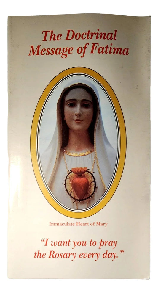 Catholic book titled "The Doctrinal Message of Fatima" by Ysleta Mission Gift Shop, showing the cover with religious imagery.