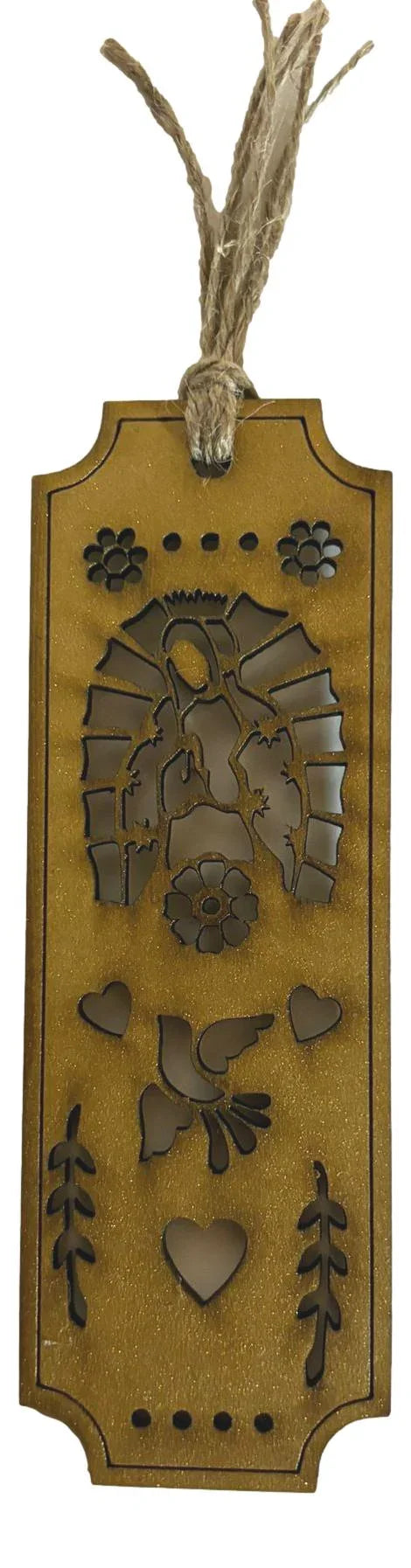 Assorted laser-cut wooden bookmarks with Christian faith designs, 6x2 inches, by Norma Cordova De Schaefer for faith and devotion books.